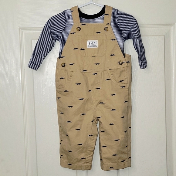 Carter's Khaki Overalls with Striped Long Sleeve Top Size 6m - Picture 3 of 7